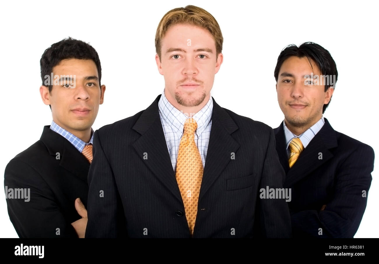 male only business team lead by a caucasian guy with two latin americans Stock Photo