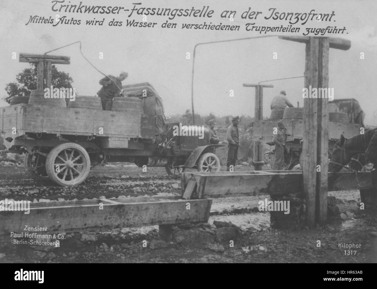 Drinking water being transported by automobiles along the Eastern Front during World War I, 1914. From the New York Public Library. Stock Photo