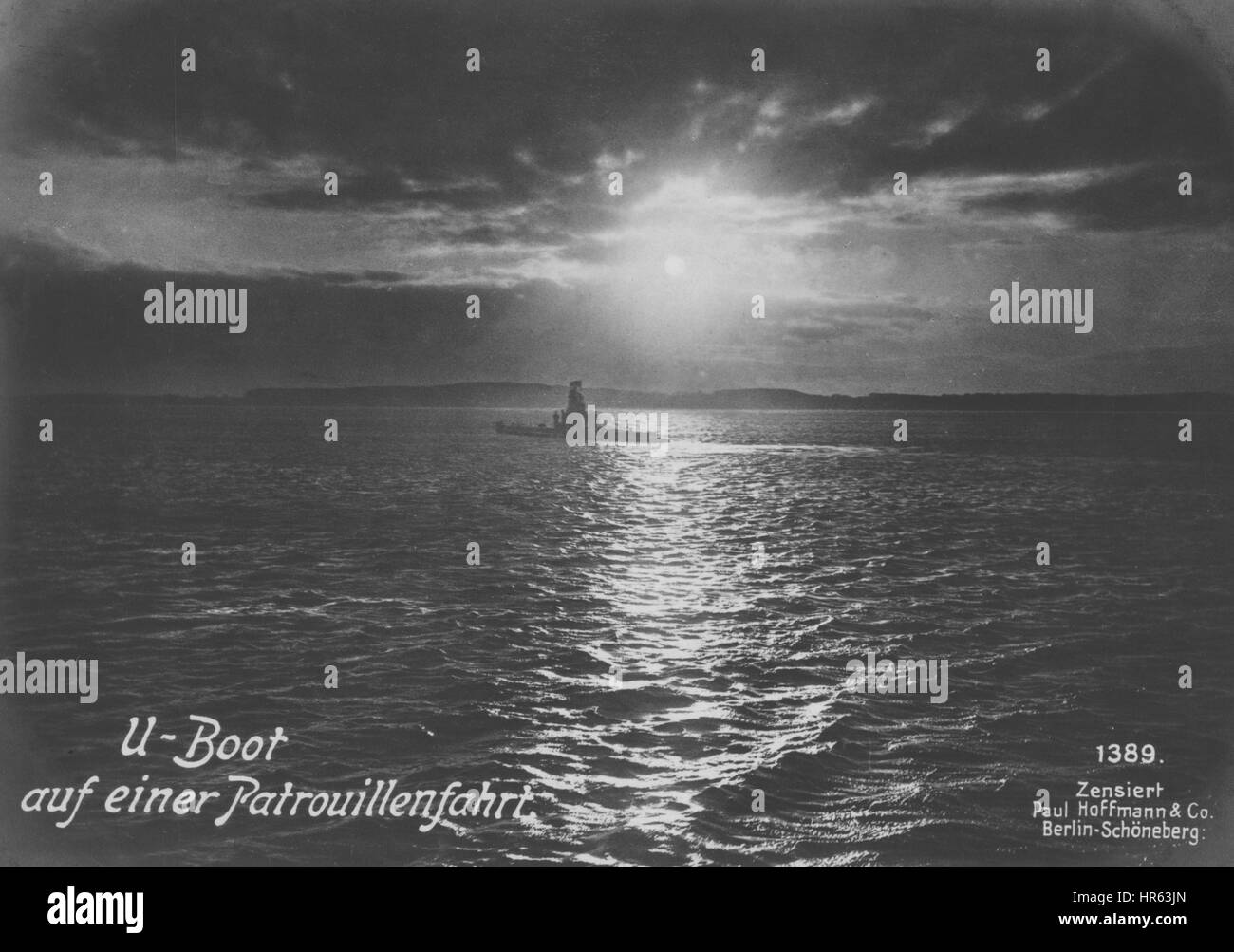 German World War I photographic postcard depicting U-boat on patrol, 1915. From the New York Public Library. Stock Photo