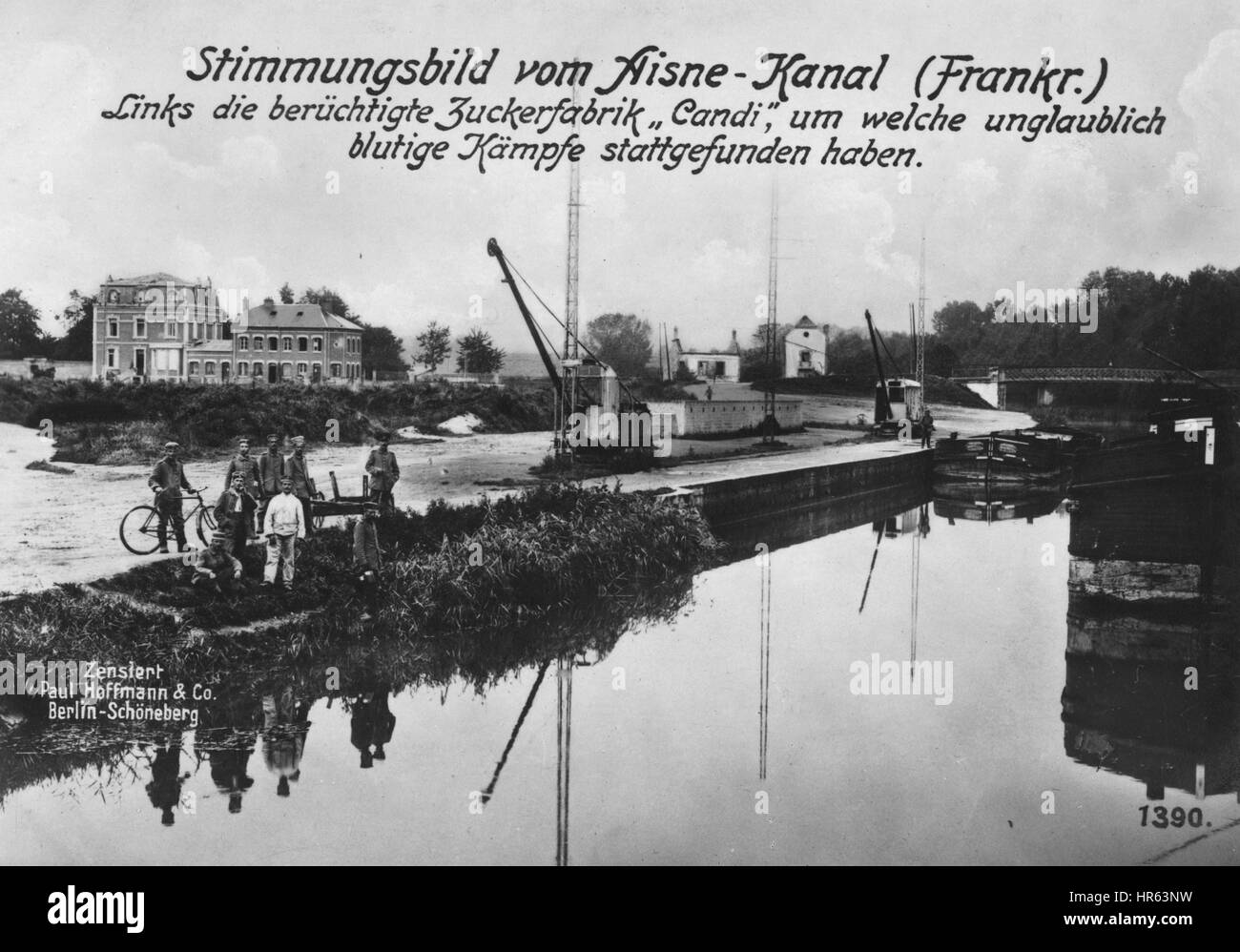 German World War I photographic postcard depicting the Aisne Canal in northern France, 1915. From the New York Public Library. Stock Photo