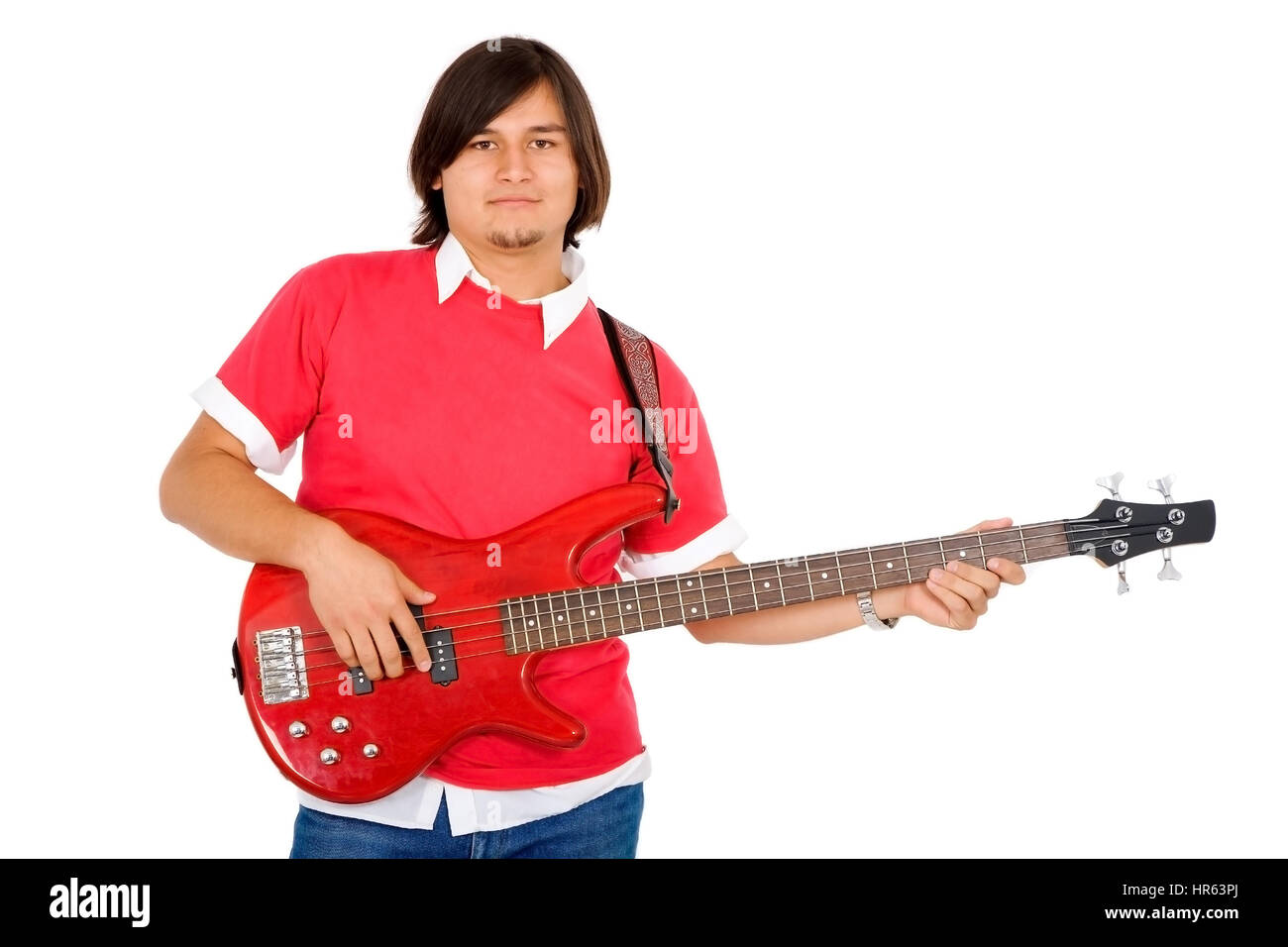 male guitarist in a band isolated over a white background Stock Photo