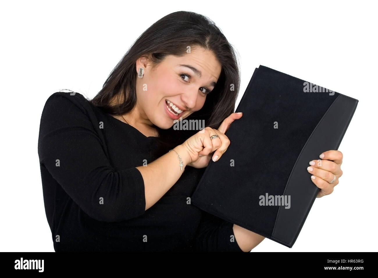 business woman smiling with a folder over a white background Stock ...
