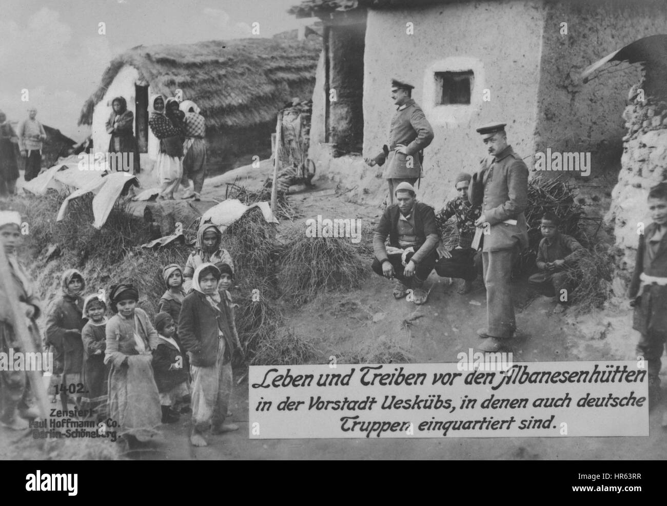 German World War I photographic postcard depicting daily life in an Albanian suburb where German troops are quartered, 1915. From the New York Public Library. Stock Photo
