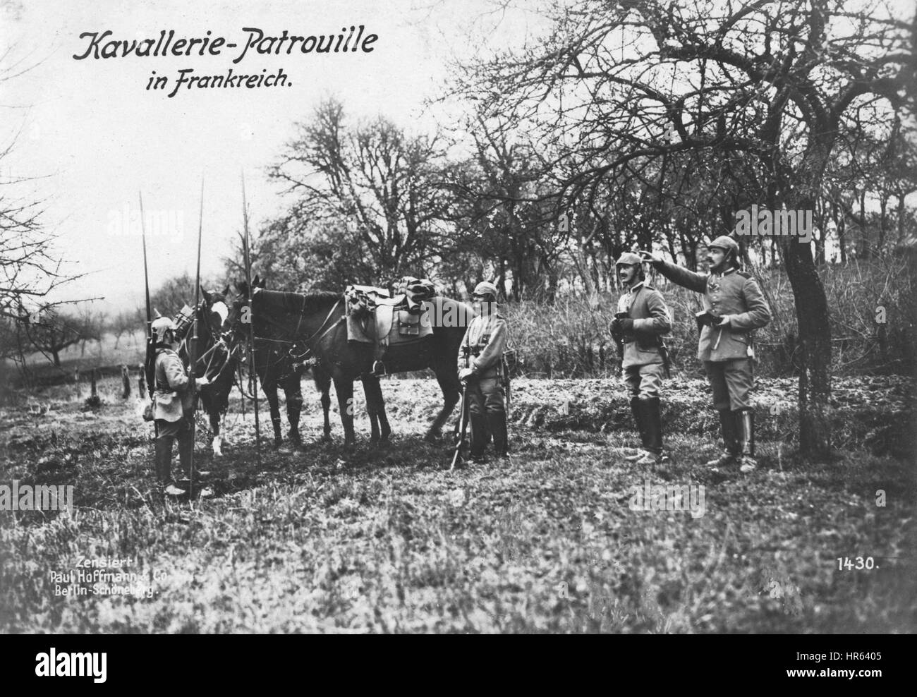 German WWII postcard depicting cavalry in France, 1915. From the New York Public Library. Stock Photo