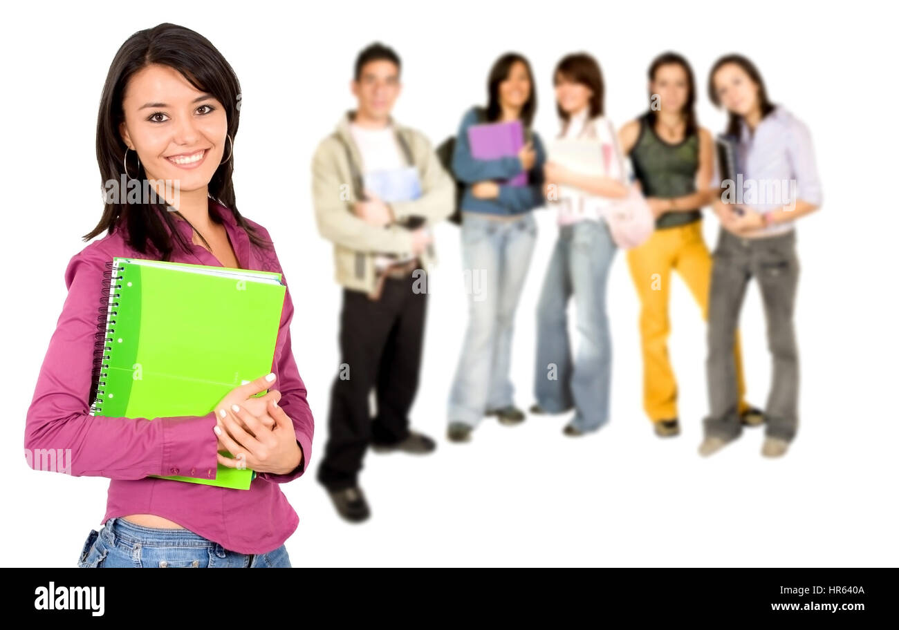 Casual group of college students smiling - isolated over a white background Stock Photo