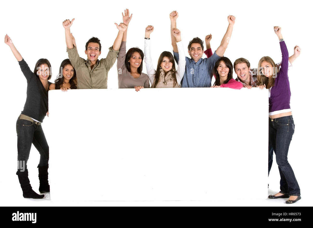 Large group of cheerful people holding a banner add isolated Stock ...