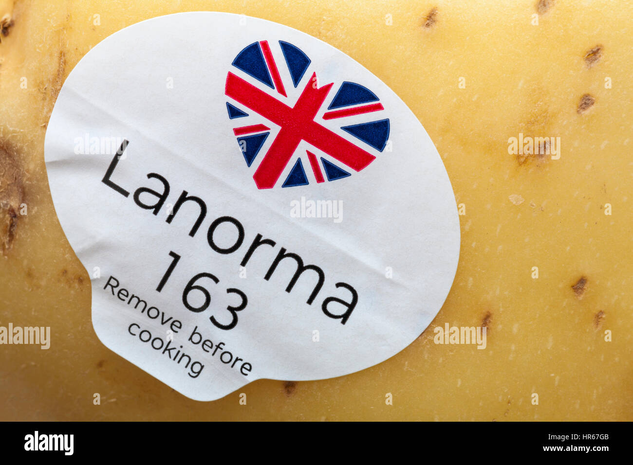 Lanorma remove before cooking with Union Jack heart sticker on Lanorma potato Stock Photo