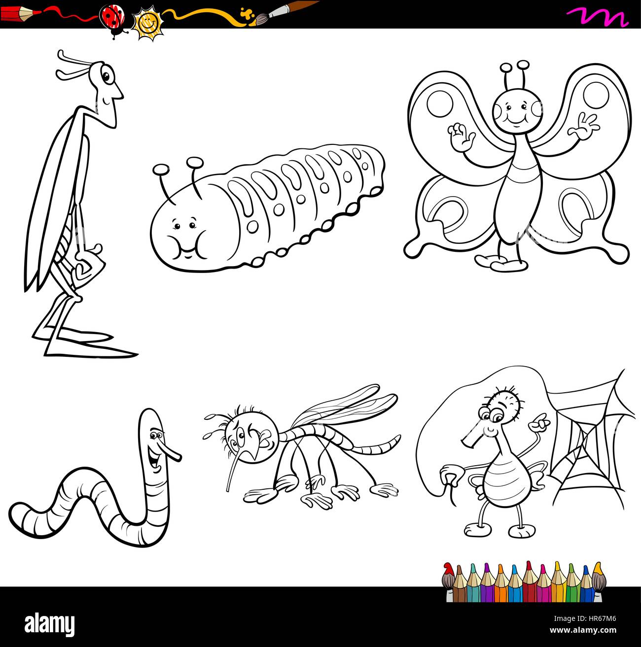 Black and White Cartoon Illustration of Insect Characters Set Coloring Page Stock Vector