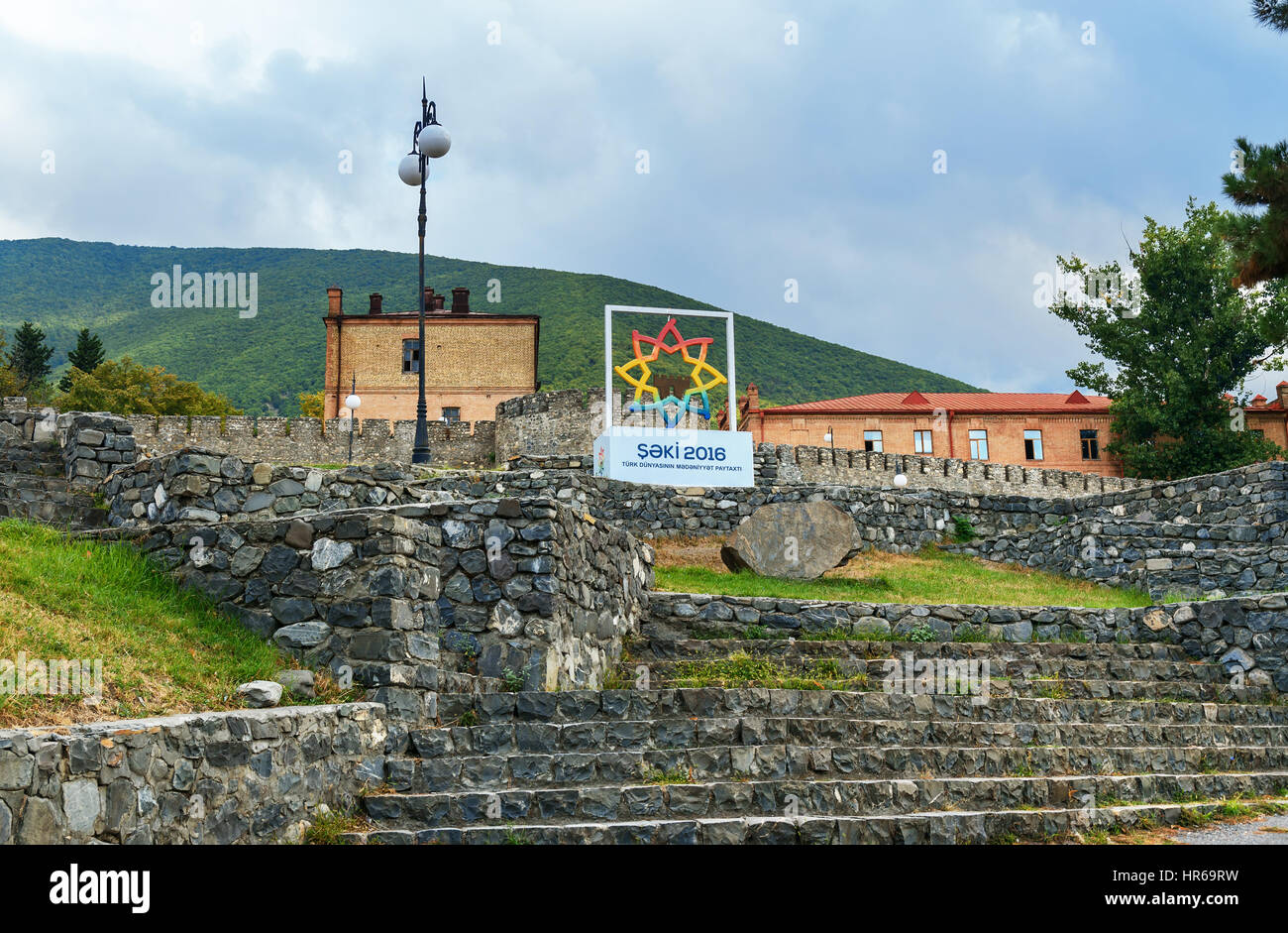 Sheki, Azerbaijan - September 13, 2016: Sign near fortress. Sheki - the cultural capital of the Turkic world in 2016 Stock Photo