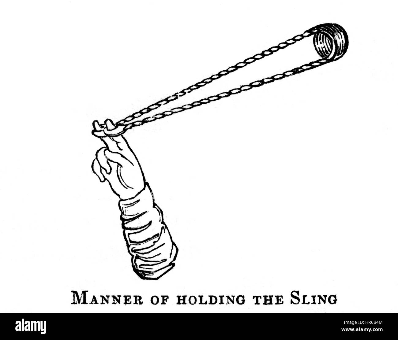 An illustration of the Manner of Holding a Sling in the 13th Century scanned at high resolution from a book printed in 1831. Believed copyright free. Stock Photo