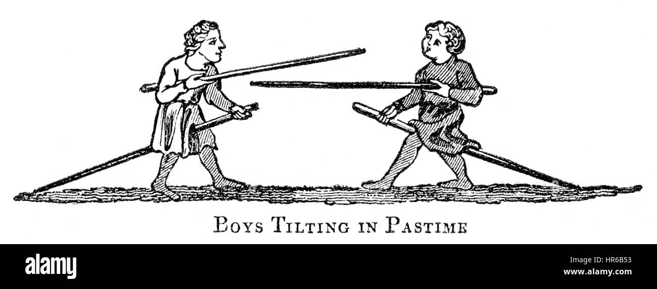 An illustration of Boys Tilting in Pastime in the 14th Century scanned at high resolution from a book printed in 1831. Believed copyright free. Stock Photo