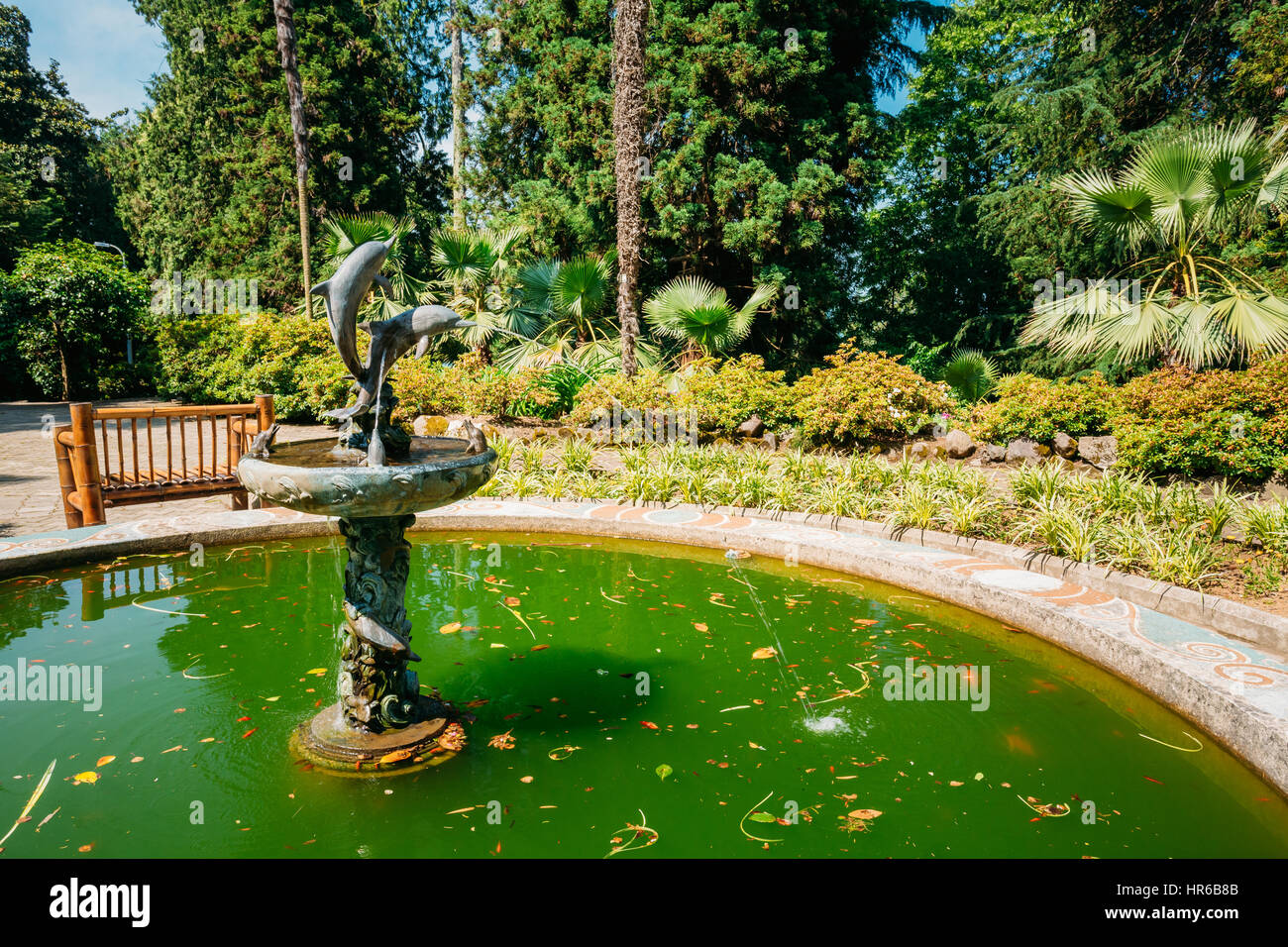 Fountain In The Form Of A Dolphin Statue In The Batumi Botanical Garden. Batumi, Adjara Georgia. Sunny Day At Summer Season. Stock Photo