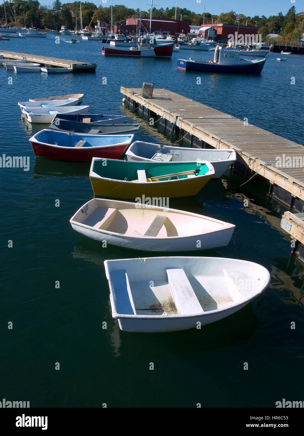 The dingy dock in the harbor of the seaside  town of Manchester by the Sea, Massachusetts - Setting for the movie of the same name. Stock Photo
