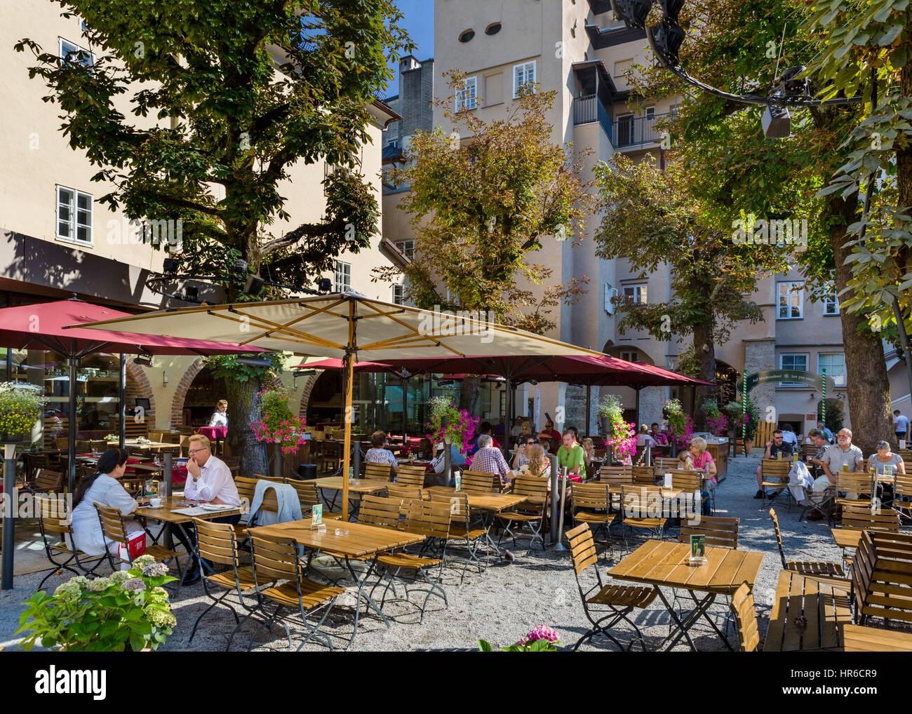 Sternbräu beer garden in the old town, Salzburg, Austria Stock Photo