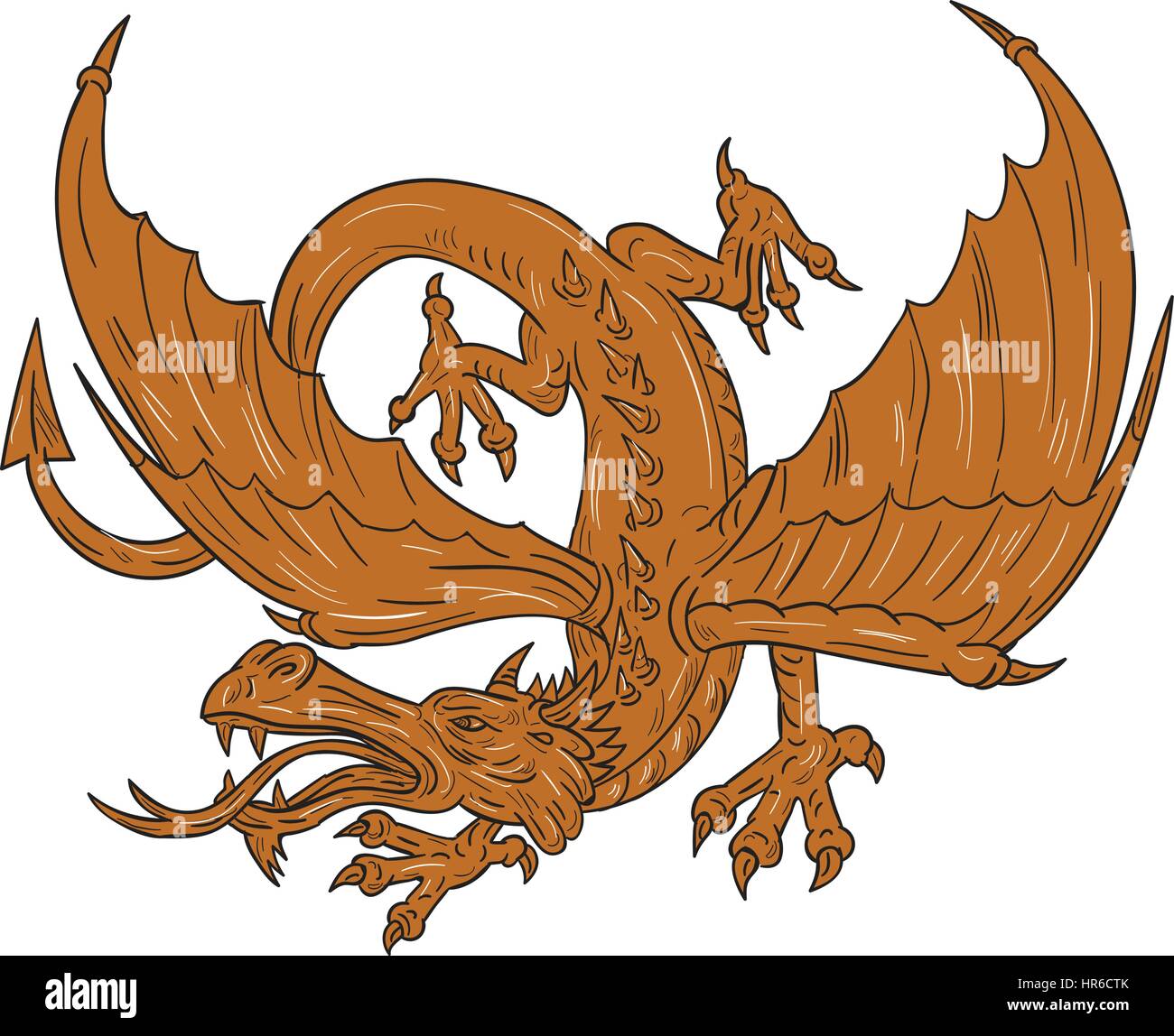 Drawing sketch style illustration of an angry agressive dragon with tongue out crouching viewed from the side set on isolated white background. Stock Vector