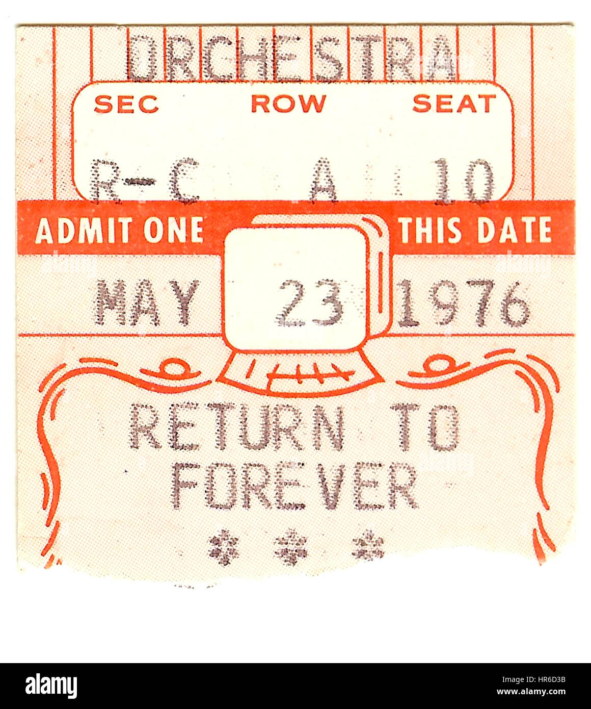 NEW YORK, NY - MAY 23: Ticket Stub of Return To Forever (Chick Corea, Stanley Clarke, Al Di Meola & Lenny White) performing at the Beacon Theater in New York City on May 23, 1976 Stock Photo