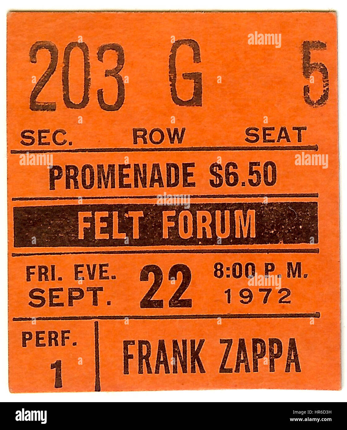 NEW YORK, NY SEPTEMBER 22 Ticket stub for Frank Zappa At The Felt Forum in New York City on