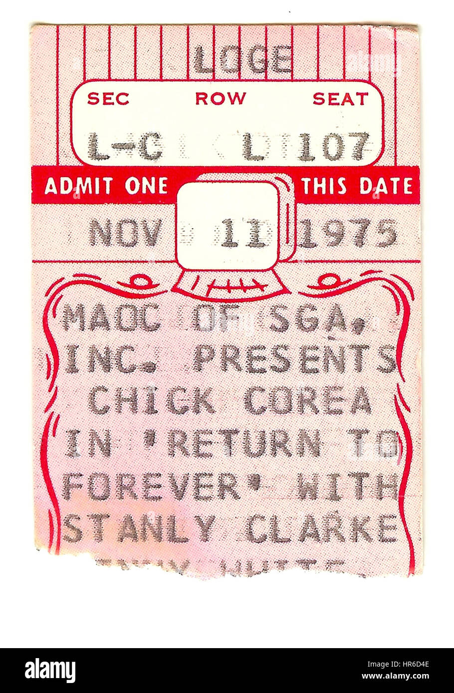 NEW YORK, NY - NOVEMBER 11: Ticket Stub of Return To Forever (Chick Corea, Stanley Clarke, Al Di Meola & Lenny White) performing at the Beacon Theater in New York City on November 11, 1975 Stock Photo