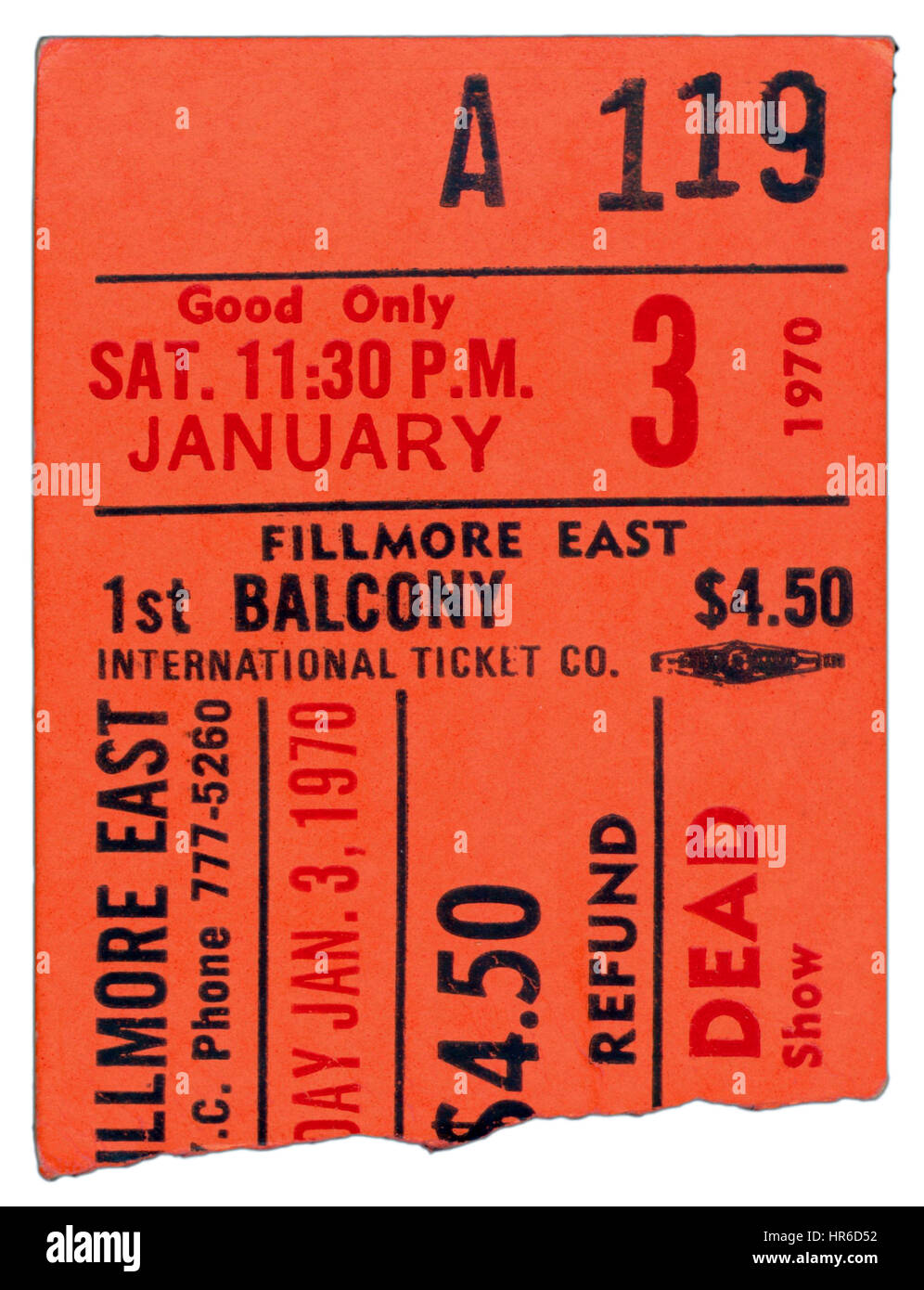 Ticket Stub of The Grateful Dead performing at Fillmore East in New York City on January 3rd, 1970 Stock Photo