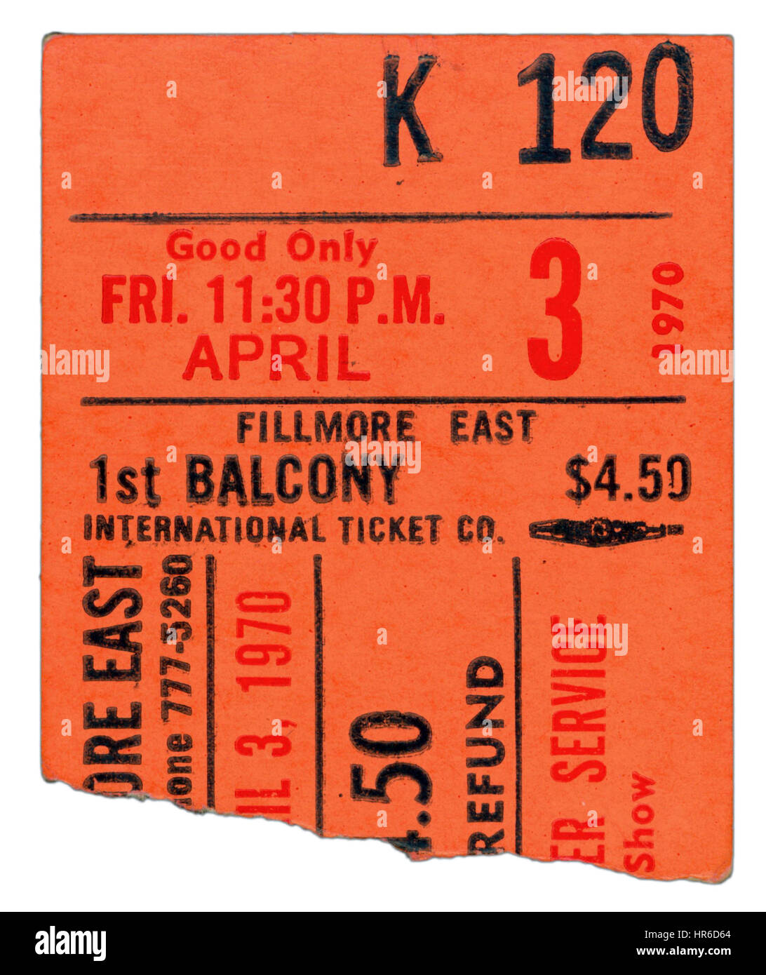 Ticket Stub of Quicksilver Messenger Service performing at Fillmore East in New York City on April 3rd, 1970 Stock Photo