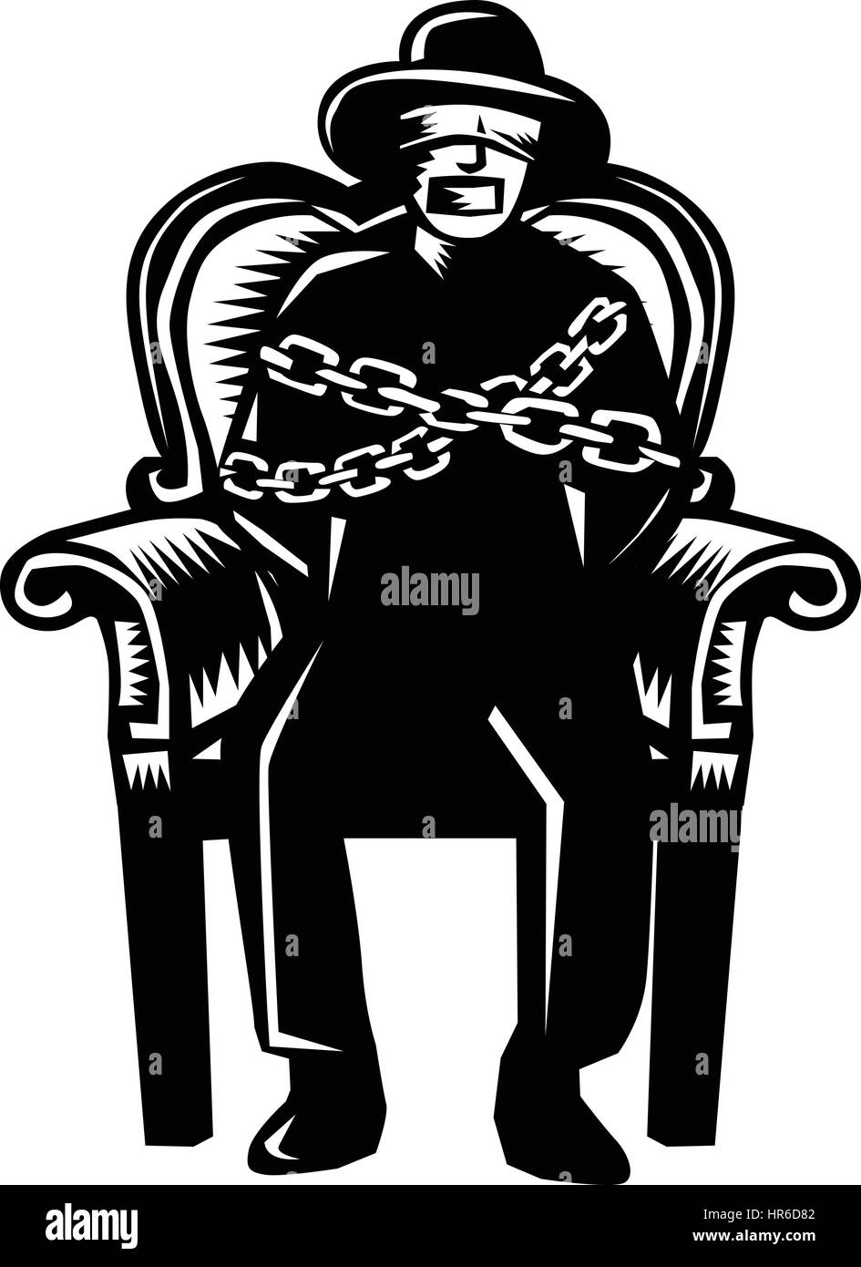 Illustration of a man in hat blindfolded and gagged and duct tape over mouth and bound in chains sitting on grand arm chair viewed from front set on i Stock Vector