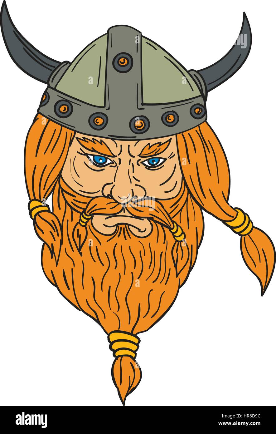 Drawing sketch style illustration of a norseman viking warrior raider barbarian head with beard viewed from front set on isolated white background. Stock Vector