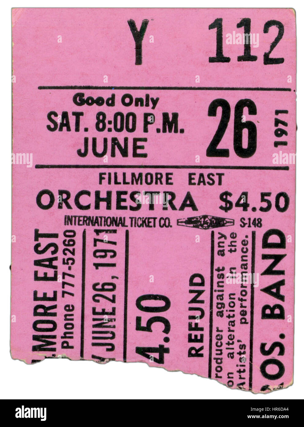 Ticket Stub of The Allman Brothers Band performing at Fillmore East in New York City on June 26th, 1971 Stock Photo