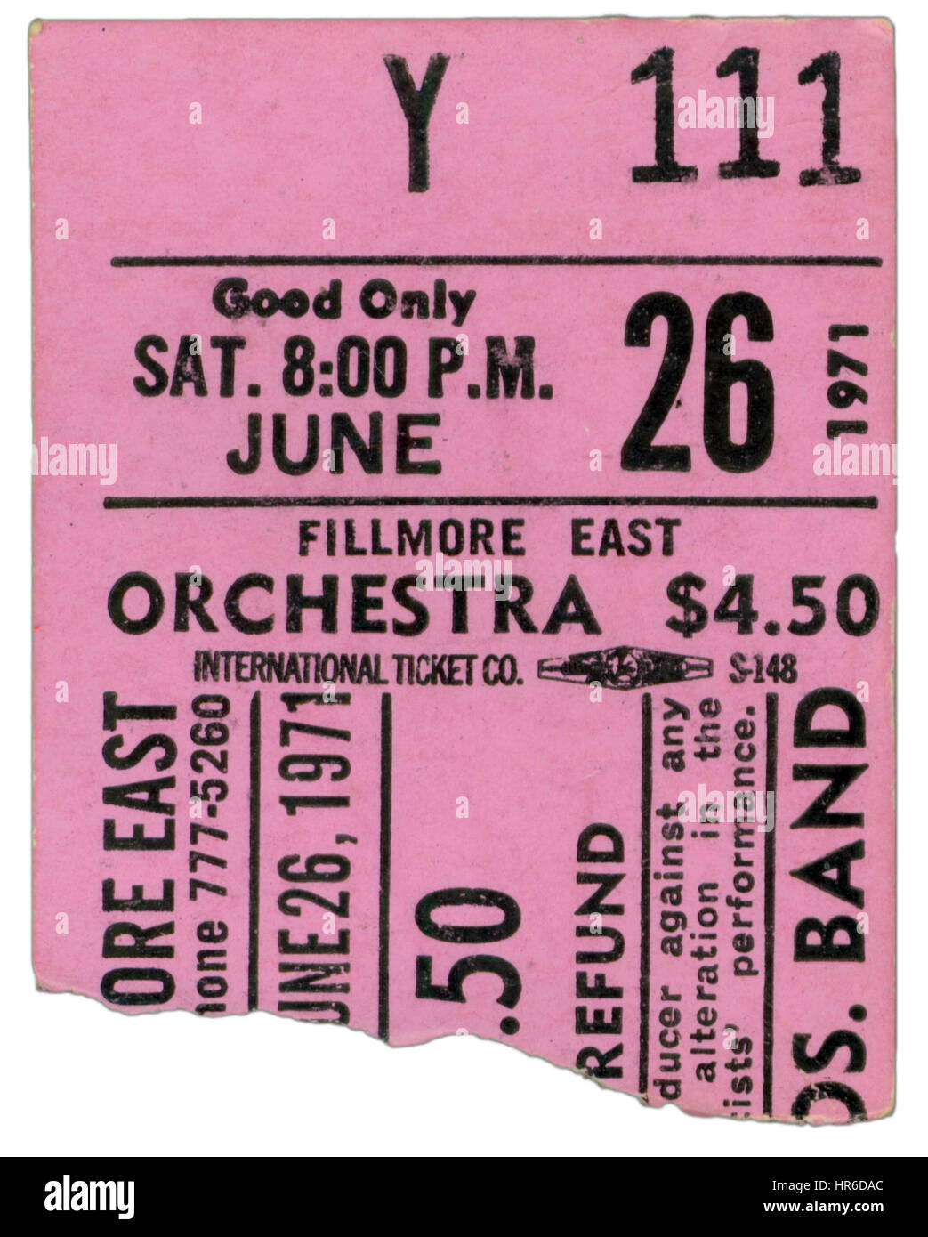 Ticket Stub of The Allman Brothers Band performing at Fillmore East in New York City on June 26th, 1971 Stock Photo