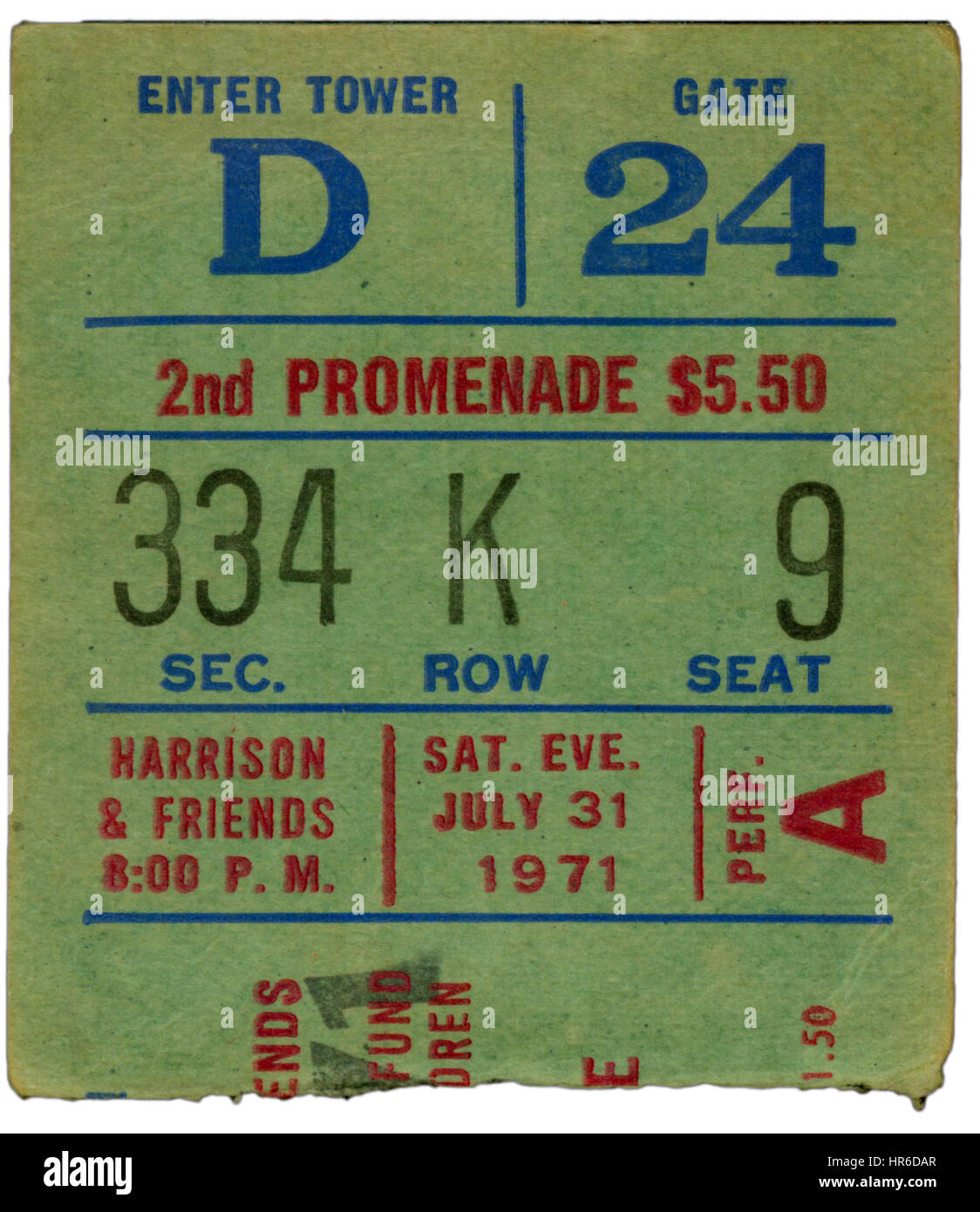 Ticket Stub of George Harrison and Friends performing at Madison Square Garden in New York City on July 31st, 1971 Stock Photo