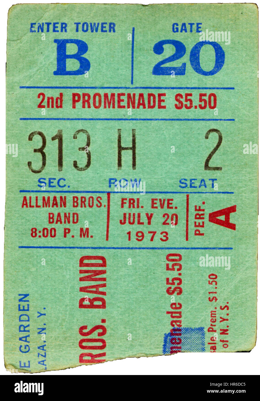 Ticket Stub of The Allman Brothers Band performing at Madison Square Garden in New York City on July 20th, 1973 Stock Photo