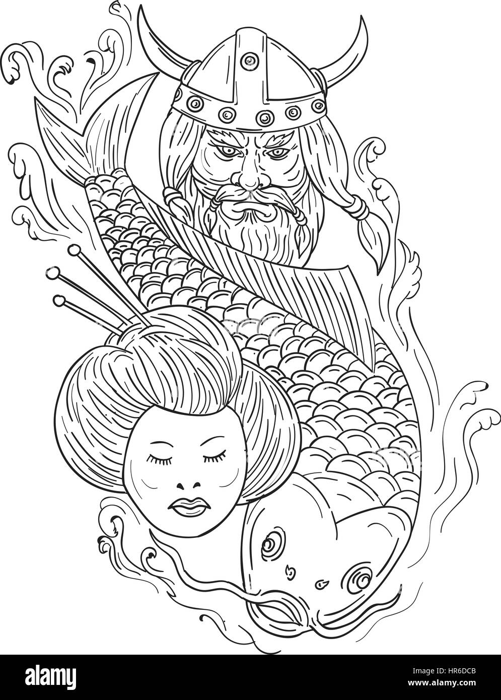 Drawing sketch style illustration of a head of a norseman viking warrior raider barbarian wearing horned helmet with beard, koi carp fish diving and g Stock Vector