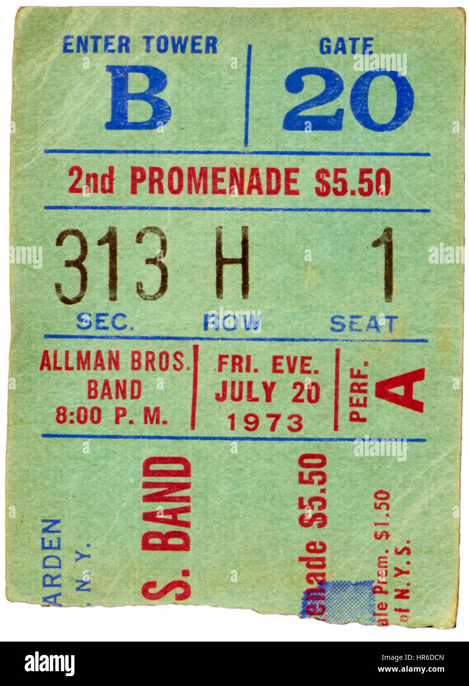 Ticket Stub of The Allman Brothers Band performing at Madison Square Garden in New York City on July 20th, 1973 Stock Photo