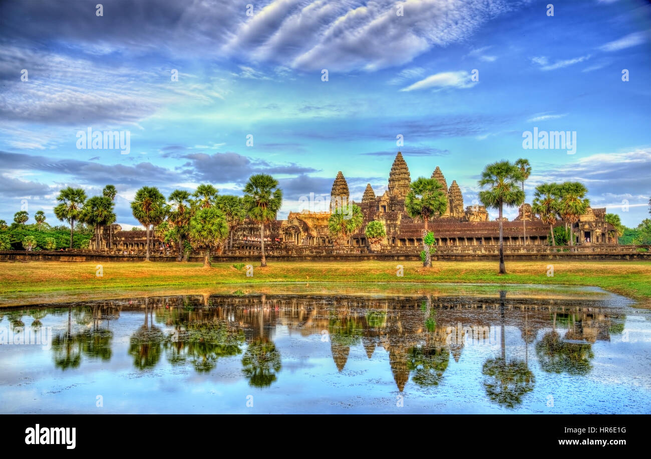 Angkor Wat seen across the lake, a UNESCO world heritage site in Cambodia Stock Photo
