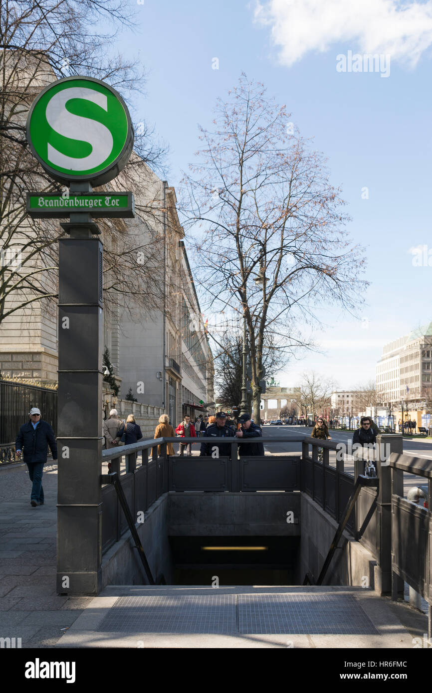 Unter den Linden Avenue, S-Bahn subway station entrance at Brandenburger Tor, Berlin, Brandenburg, Germany Stock Photo