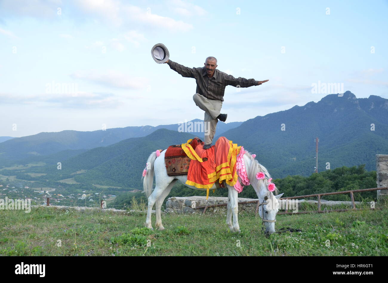 Dancing on a horseback at Nagorno-Karabakh Stock Photo