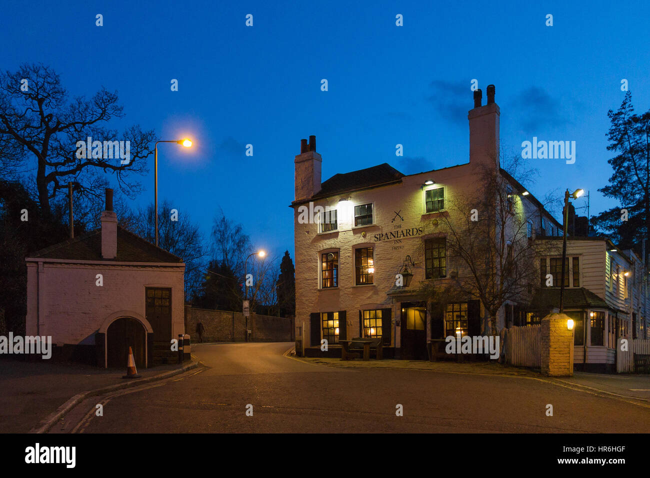 The Spaniards Inn in Hampstead, London at blue hour in winter Stock Photo