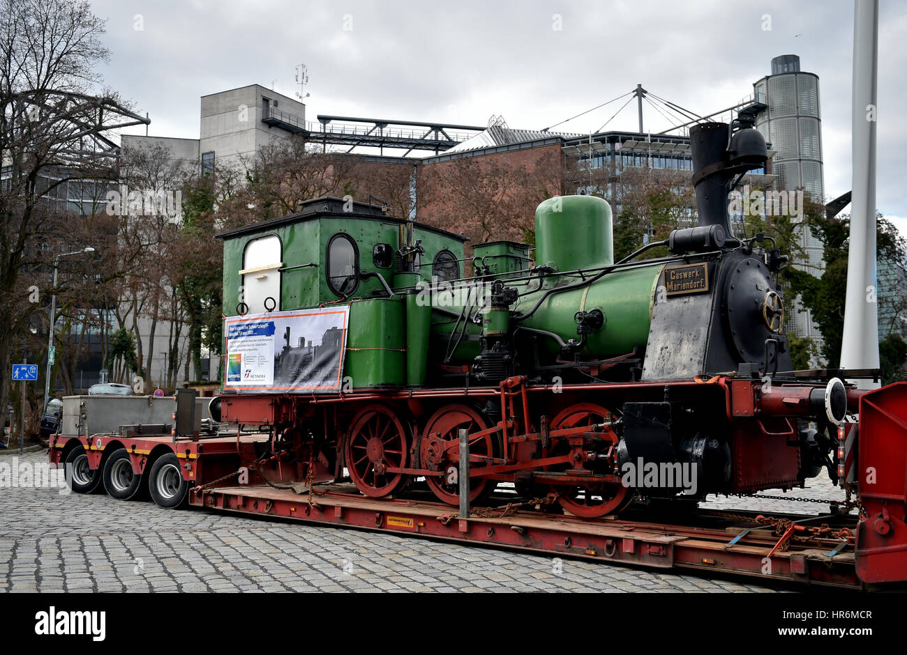 Berlin, Germany. 27th Feb, 2017. The tank locomotive T3 is transported via a flat bed trailer to Neustrelitz from the German Museum of Technology (Deutsches Technikmuseum) in Berlin, Germany, 27 February 2017. The locomotive is brought to Neustrelitz in order to be restored. Photo: Britta Pedersen/dpa-Zentralbild/dpa/Alamy Live News Stock Photo