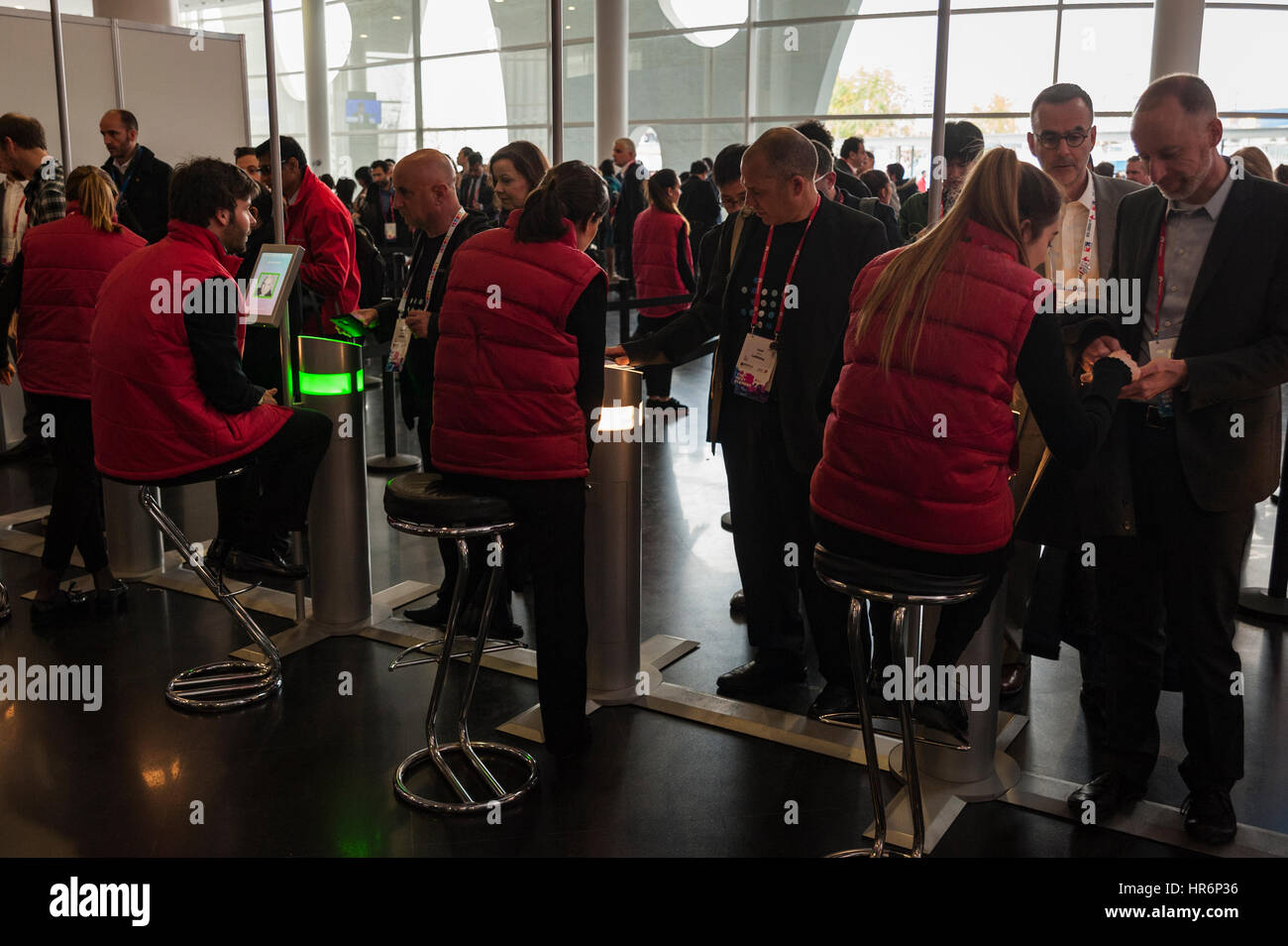 Barcelona, Spain. 27th Feb, 2017. Visitors wait to enter to the Mobile World Congress in Barcelona, Spain. Credit: Charlie Perez/Alamy Live News Stock Photo