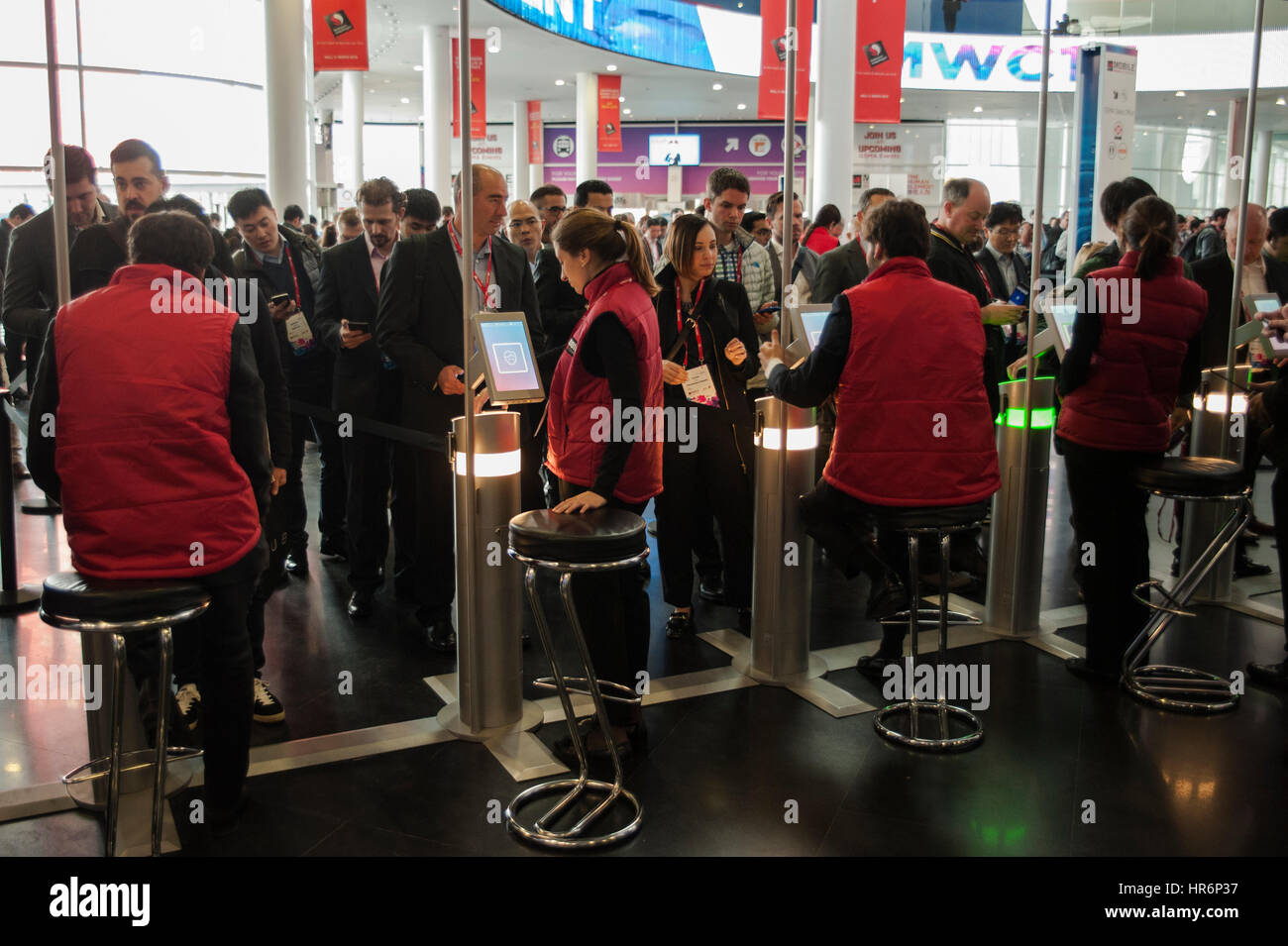 Barcelona, Spain. 27th Feb, 2017. Visitors wait to enter to the Mobile World Congress in Barcelona, Spain. Credit: Charlie Perez/Alamy Live News Stock Photo