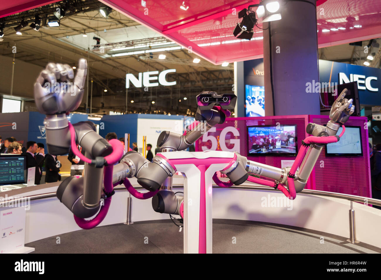 Barcelona, Spain. 27th Feb, 2017. A robot of the T-Systems operates during the Mobile World Congress wireless show in Barcelona. The annual Mobile World Congress hosts some of the world's largest communications companies, with many unveiling their latest phones and wearables gadgets. Credit: Charlie Perez/Alamy Live News Stock Photo