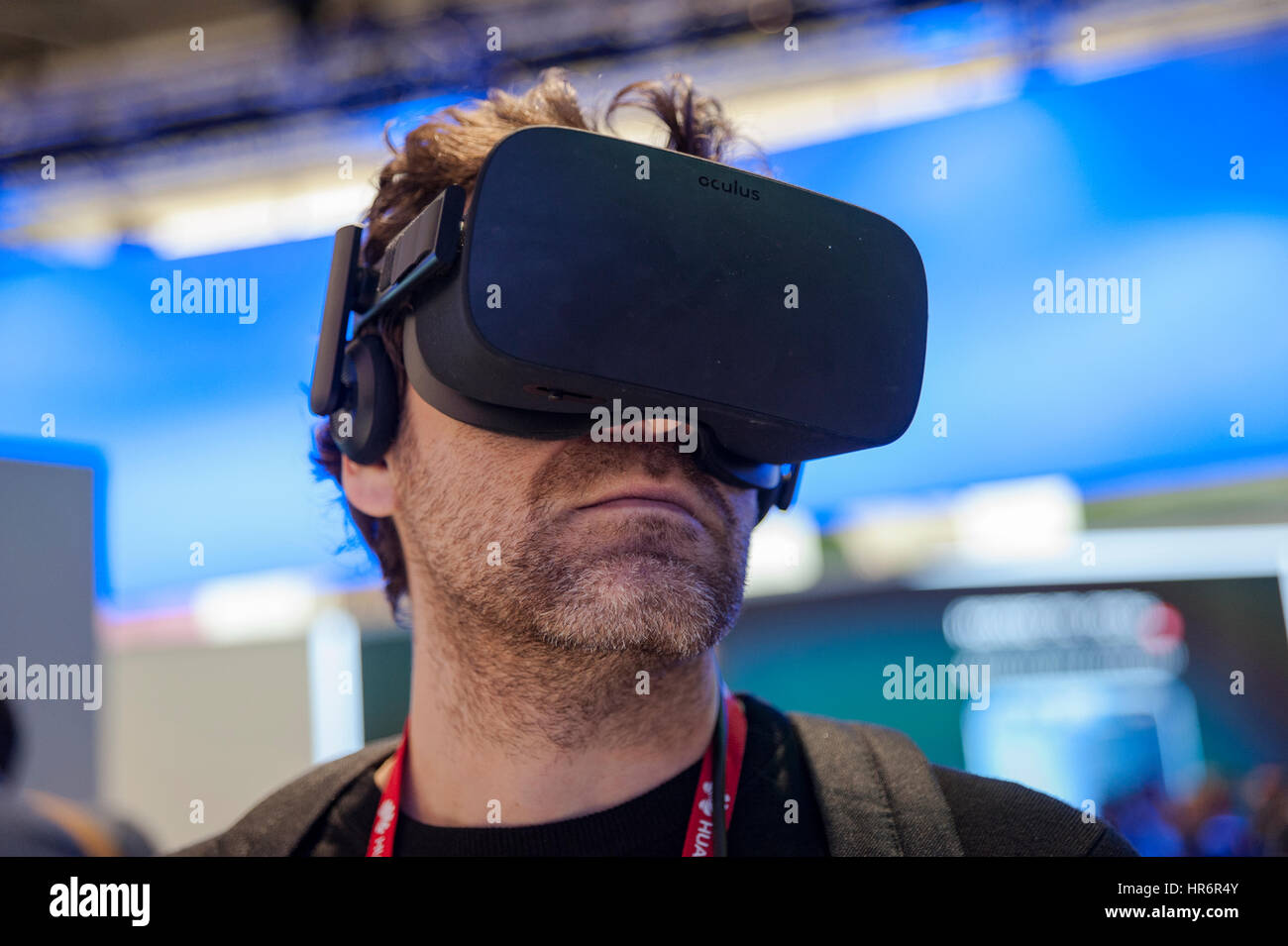 Barcelona, Spain. 27th Feb, 2017. Visitor testing a Oculus glasses during the Mobile World Congress wireless show in Barcelona. The annual Mobile World Congress hosts some of the world's largest communications companies, with many unveiling their latest phones and wearables gadgets. Credit: Charlie Perez/Alamy Live News Stock Photo
