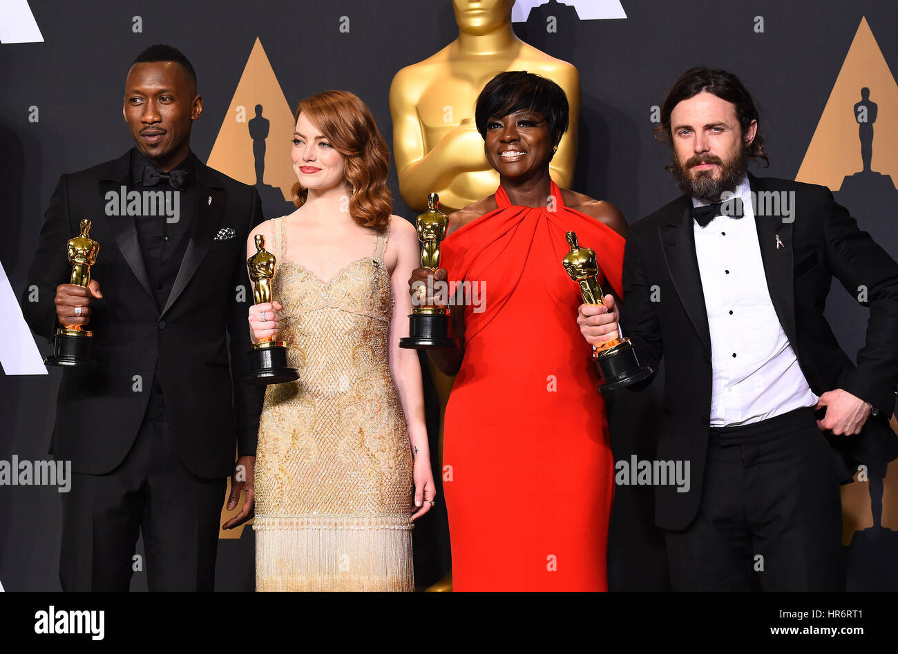 Hollywood, California, USA. 26th Feb, 2017. Mahershala Ali, Emma Stone, Viola Davis and Casey Affleck in the press room at the 89th Annual Academy Awards at the Dolby Theatre. Credit: Lisa O'Connor/ZUMA Wire/Alamy Live News Stock Photo