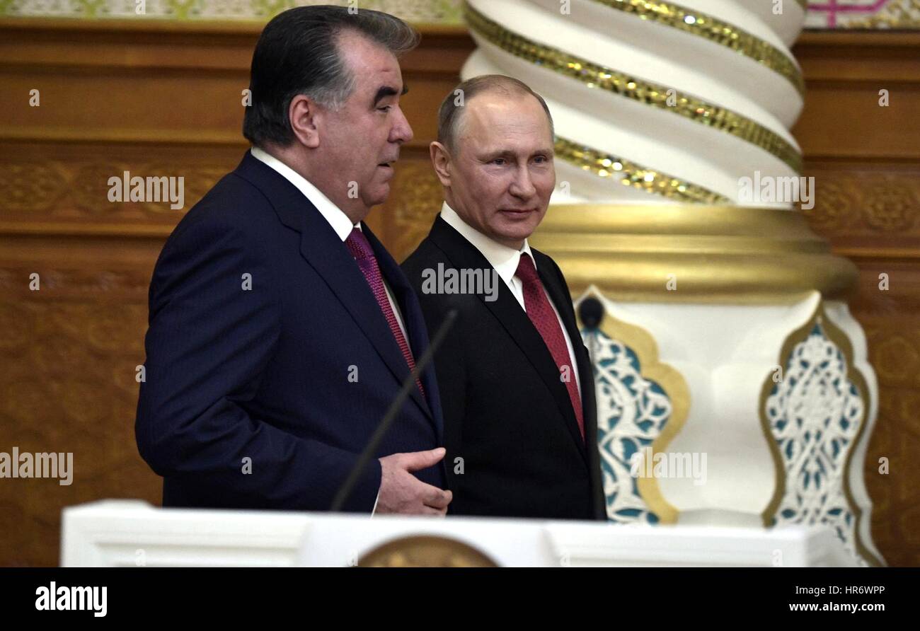 Dushanbe, Tajikistan. 27th Feb, 2017. Tajik President Emomali Rahmon with Russian President Vladimir Putin at a reception following bilateral meetings February 27, 2017 in Dushanbe, Tajikistan. Putin is in Tajikistan to discuss trade and investment opportunities as well as bilateral cooperation in culture, science and education. Credit: Planetpix/Alamy Live News Stock Photo
