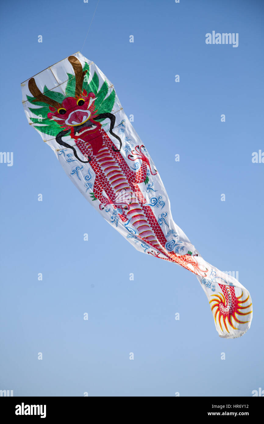 Jili, Jili, China. 27th Feb, 2017.  A dragon shaped kite flying in the sky. People fly kites at a square in Jilin, northeast China, February 27th, 2017, marking the traditional Chinese Longtaitou Festival.The traditional Chinese Longtaitou Festival, also known as Dragon Head Raising Festival, falls on the second day of the second lunar month every year, which refers to the start of spring and farming. The festival falls on February 27th this year. Credit: ZUMA Press, Inc./Alamy Live News Stock Photo