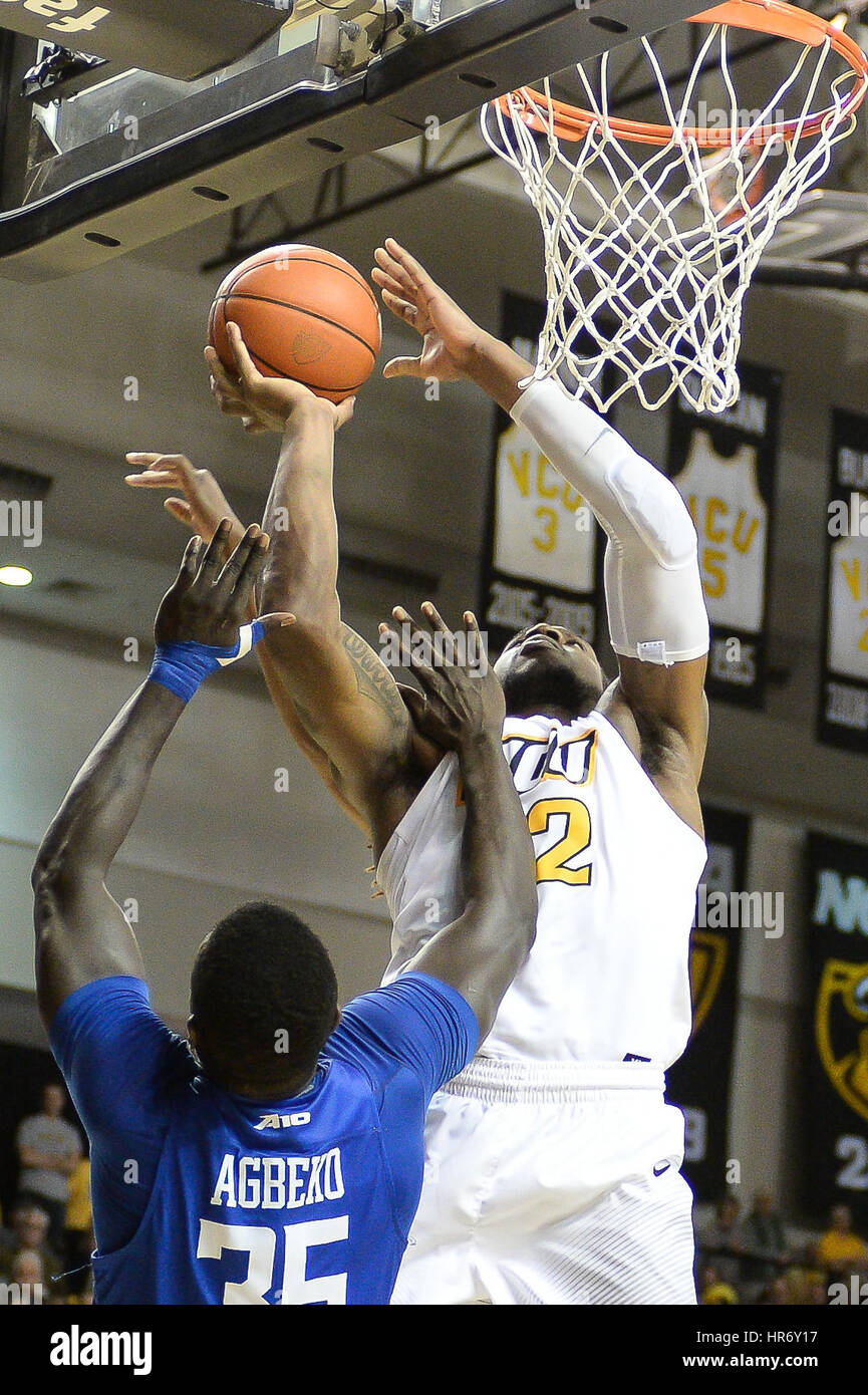 February 22, 2017 - MO ALIE-COX (12) attempts to score over the top of REGGIE AGBEKO (35) during the second half of the game held at E.J. Wade Arena at the Stuart C. Siegel Center, Richmond, Virginia. Credit: Amy Sanderson/ZUMA Wire/Alamy Live News Stock Photo