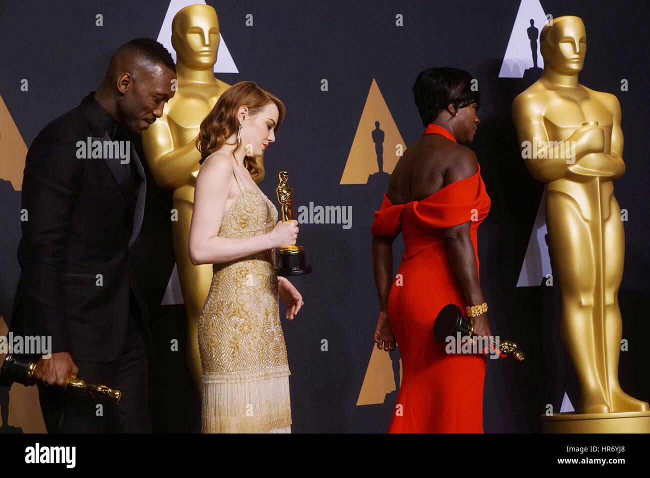 Mahersala Ali, Emma Stone, Viola Davis, Casey Affleck 414  89th Academy Awards ( Oscars ), press room at the Dolby Theatre in Los Angeles. February 26, 2017. Stock Photo