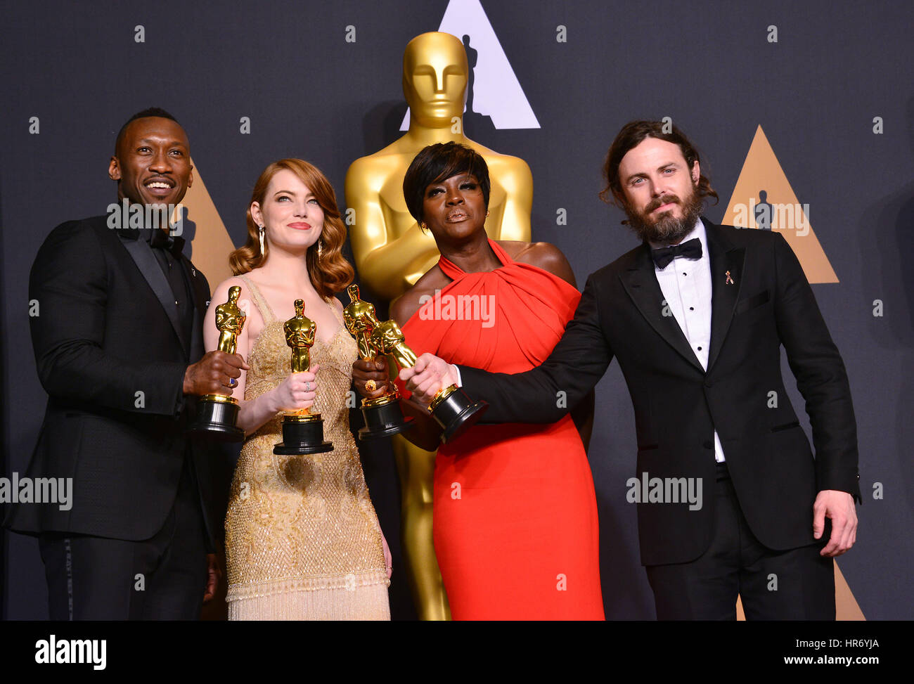 Mahersala Ali, Emma Stone, Viola Davis, Casey Affleck 415  89th Academy Awards ( Oscars ), press room at the Dolby Theatre in Los Angeles. February 26, 2017. Stock Photo