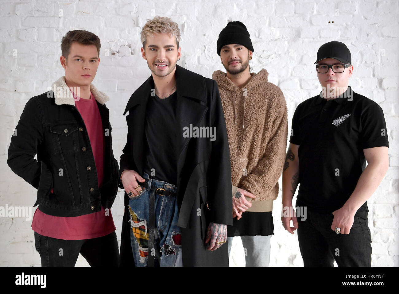 Berlin, Germany. 21st Feb, 2017. Musicians from the band Tokio Hotel: Georg Moritz, Hagen Listing (l-r), Bill Kaulitz, Tom Kaulitz and Gustav Klaus Wolfgang Schaefer, standing together in Berlin, Germany, 21 February 2017. On 03 March 2017 they are releasing a new album 'Dream Machine' Photo: Britta Pedersen/dpa-Zentralbild/ZB/dpa/Alamy Live News Stock Photo