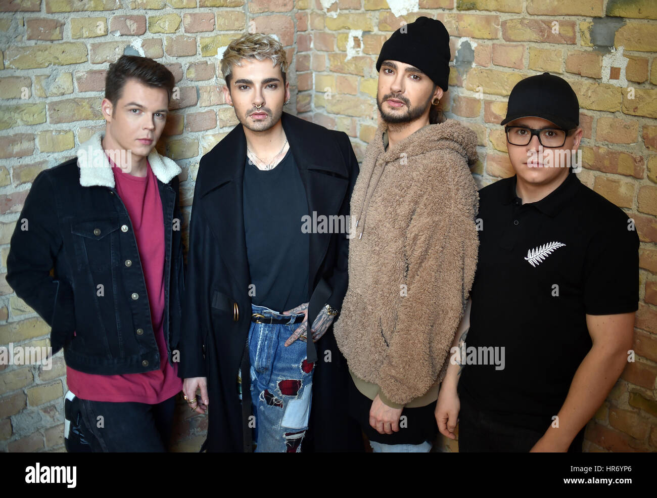 Berlin, Germany. 21st Feb, 2017. Musicians from the band Tokio Hotel: Georg Moritz Hagen Listing (l-r), Bill Kaulitz, Tom Kaulitz and Gustav Klaus Wolfgang Schaefer, standing together in Berlin, Germany, 21 February 2017. On 03 March 2017 they are releasing a new album 'Dream Machine' Photo: Britta Pedersen/dpa-Zentralbild/ZB/dpa/Alamy Live News Stock Photo