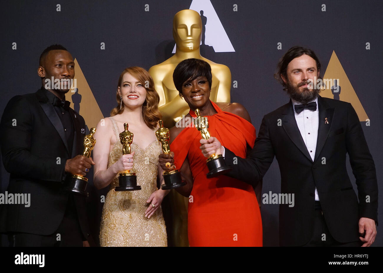 Mahersala Ali, Emma Stone, Viola Davis, Casey Affleck 421  89th Academy Awards ( Oscars ), press room at the Dolby Theatre in Los Angeles. February 26, 2017. Stock Photo